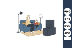 Mother and daughter sitting on sofa watching television toge Product Image 1
