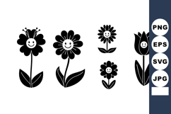 Smiling Cartoon Flowers Black Silhouette Vector Product Image 1