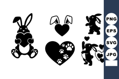 Black Silhouette Cute Bunny Holding Heart Love Vector Product Image 1