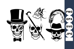 Vintage Skulls With Hat Cane Feather Bowtie Mustache Vector Product Image 1