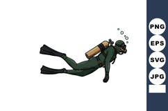Scuba diver in dark green wetsuit with oxygen tank and flipp Product Image 1
