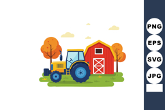 Yellow tractor near red barn with autumn trees and green gra Product Image 1