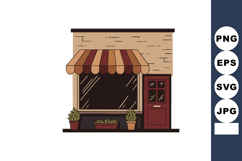 Small storefront with striped awning and potted plants in br Product Image 1