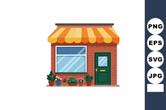 Small brick storefront with yellow striped awning and green Product Image 1