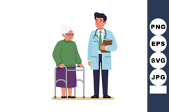 Elderly woman with walker and male doctor in blue coat holdi Product Image 1