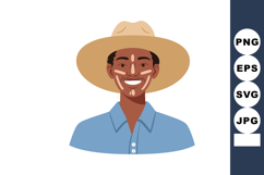 Smiling man wearing large beige hat and blue shirt with face Product Image 1