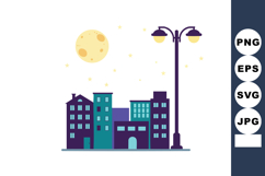 Urban cityscape with tall buildings moon and street lamp at Product Image 1