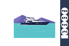Luxury yacht cruising on calm turquoise sea with purple moun Product Image 1