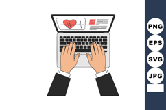 Hands typing on laptop keyboard with health heart monitor di Product Image 1