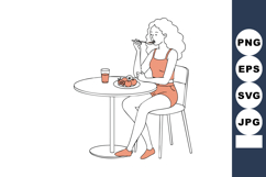 Woman eating healthy breakfast with fruit and juice sitting Product Image 1