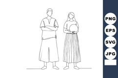 Minimalist vector line art of man and woman standing with cr Product Image 1