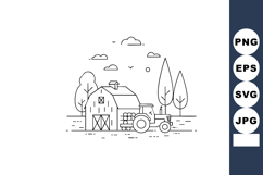 Farm barn and tractor with trees and clouds simple black lin Product Image 1