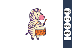 Cartoon zebra playing drum with drumsticks in cute colorful Product Image 1