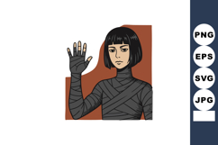 Woman with short black hair and wrapped clothing raising han Product Image 1