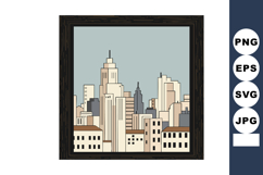 City skyline with beige and gray urban buildings in framed v Product Image 1