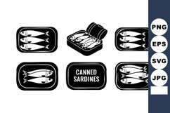 Black White Sardines Tin Vector Illustration Set Product Image 1
