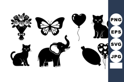 Black Silhouette Flowers Butterfly Cats Elephant Vector Product Image 1