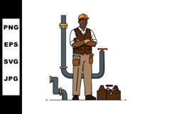 Skilled plumber with tools and pipes in workwear and helmet Product Image 1