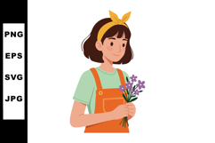Young girl holding purple flowers with yellow headband in ca Product Image 1