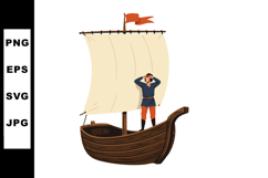 Ancient Sailboat with Sailor Navigating Wooden Vessel on Wat Product Image 1