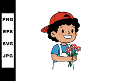 Boy Wearing Red Cap Holding Pink Flowers Vector Illustration Product Image 1