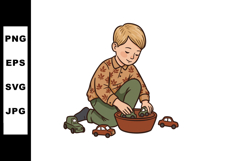 Boy playing with toy cars in brown bowl and green pants vect Product Image 1