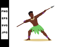 Tribal Warrior Holding Spear in Green Skirt and Neck Adornme Product Image 1