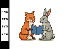 Fox and rabbit reading a blue book together educational vect Product Image 1