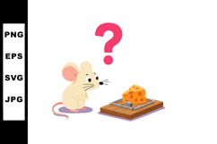 Mouse hesitating near cheese on wooden mousetrap with questi Product Image 1