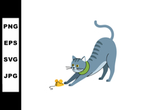 Gray tabby cat stretching with green collar playing with toy Product Image 1