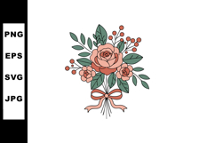 Rose bouquet with green leaves and red berries tied with pin Product Image 1