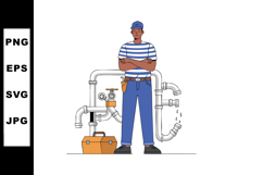 Plumber standing with crossed arms near leaking pipes and to Product Image 1