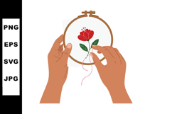 Hands Embroidering Red Flower with Green Leaves on Hoop Vect Product Image 1