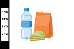Bottle of water with orange takeaway bag and slice of green Product Image 1
