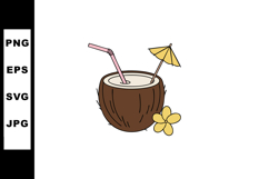 Coconut Drink with Straw and Yellow Umbrella Summer Tropical Product Image 1