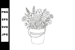 Wildflower bouquet in metal bucket line art vector illustrat Product Image 1