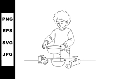 Boy Playing with Toy Truck and Bowl in Simple Line Art Vecto Product Image 1