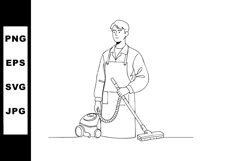 Man vacuuming floor with upright vacuum cleaner in apron sim Product Image 1