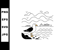 Seagull on coast with ships and waves black and white line a Product Image 1
