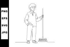 Boy standing with broom in casual clothes simple line art ve Product Image 1
