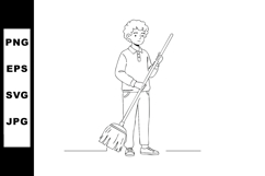 Boy holding mop standing cleaning tool simple line art vecto Product Image 1
