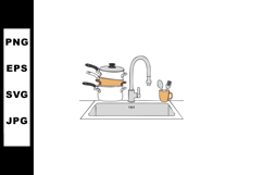 Kitchen sink with stacked pots and cutlery in orange cup vec Product Image 1