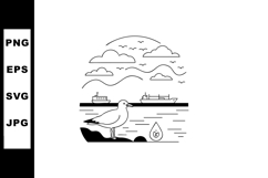 Seagull by ocean with ships birds and clouds simple line art Product Image 1