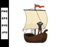 Wooden sailing ship with red flag and man looking on deck ve Product Image 1
