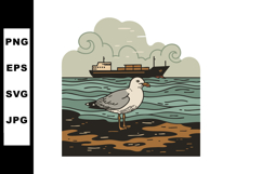 Seagull standing on shore with cargo ship at sea and cloudy Product Image 1