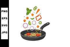 Stir fry vegetables and spaghetti cooking in frying pan with Product Image 1