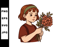 Girl holding red flowers bouquet with green leaves in though Product Image 1
