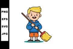 Boy holding broom cleaning floor in casual outfit smiling ve Product Image 1