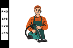 Man vacuuming with teal vacuum cleaner wearing green apron a Product Image 1