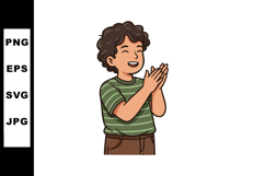 Happy boy clapping hands with curly hair and striped green s Product Image 1